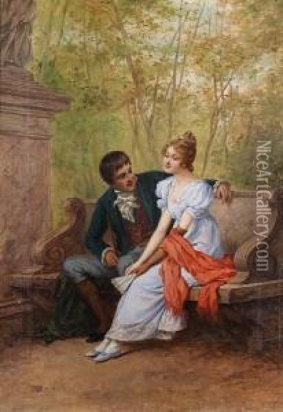 Young Couple Seated On A Park Bench Oil Painting - Helene Richter