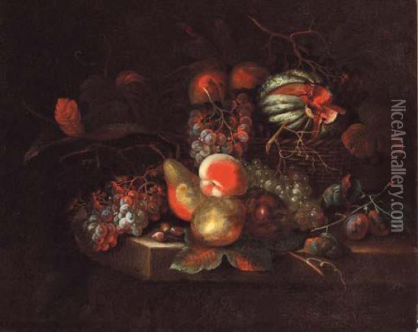 Grapes, Pears, Peaches, And A Melon In A Basket, On A Stoneledge Oil Painting - William Sartorius
