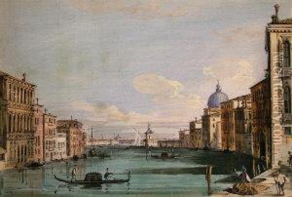 Venice, The Grand Canal Lookingtowards Santa Maria Salute And Venice Oil Painting - (Giovanni Antonio Canal) Canaletto