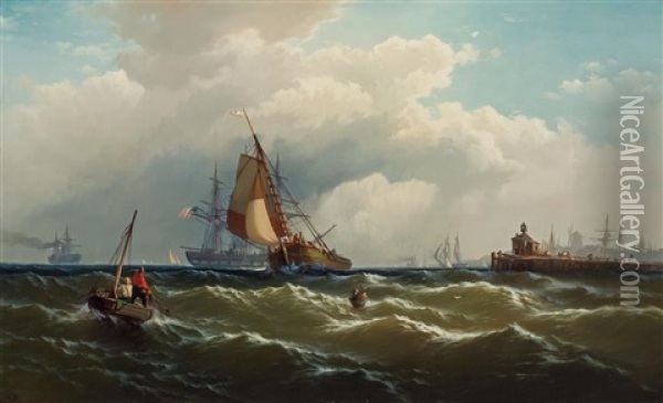 View Of Paulus Hoeck (hook), New Jersey From New York Harbor Oil Painting - Edward Moran