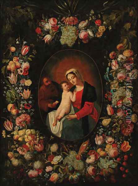 A garland of flowers and fruit decorating a medallion of the Holy Family Oil Painting - Frans Snyders