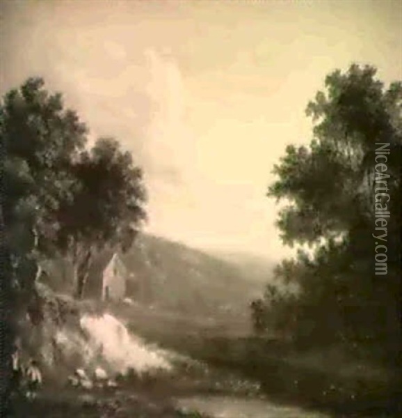 Bewaldete Flusslandschaft Mit Bauern Oil Painting - Alexander Nasmyth