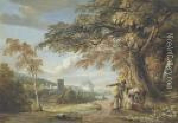 Travellers Resting On A Country Road, A Castle And Harbourbeyond Oil Painting - Paul Sandby