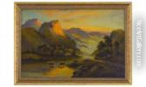 Highland Cattle/river At Sunset Oil Painting - William Langley