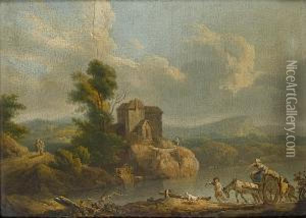 A River Landscape With A Horse 
And Cart Foundering On A Country Path; And A Wooded Landscape With A 
Horse And Cart Fording A River Oil Painting - Philip Jacques de Loutherbourg