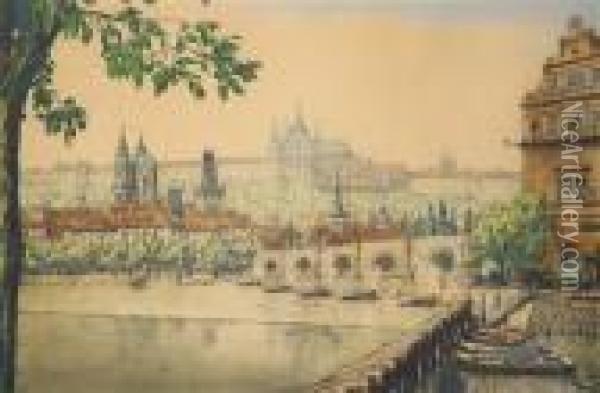 A View Of Charles Bridge And Praguecastle Oil Painting - Tavik Frantisek Simon