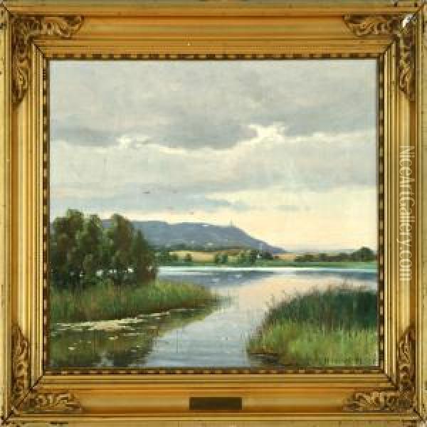 Danish Evening Atmospere At Silkeborg Lake District. Signed And Dated H. Hilsoe 32 Oil Painting - Hans Hilsoe