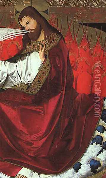 The Coronation of the Virgin, detail: Jesus 1453-54 Oil Painting - Enguerrand Charonton