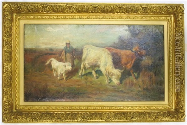 Highland Cattle With Milkmaid Herding A White Calf Oil Painting - Joseph Denovan Adam