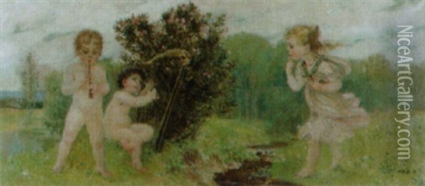Idyllische Landschaft Mit Kindern Oil Painting - Wilhelm Balmer