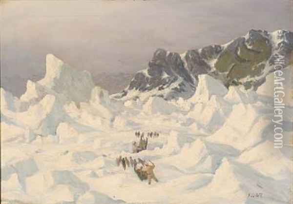 Inuits And Their Sled Dogs In High Speed Over The Greenlandic Ice Oil Painting - Emanuel A. Petersen