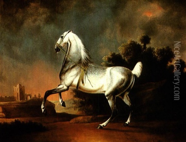 A Grey Horse In A Stormy Landscape Oil Painting - Christian Friedrich Hosenfelder