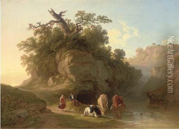 Drover And Cattle Beside A Pool Oil Painting - John F Tennant