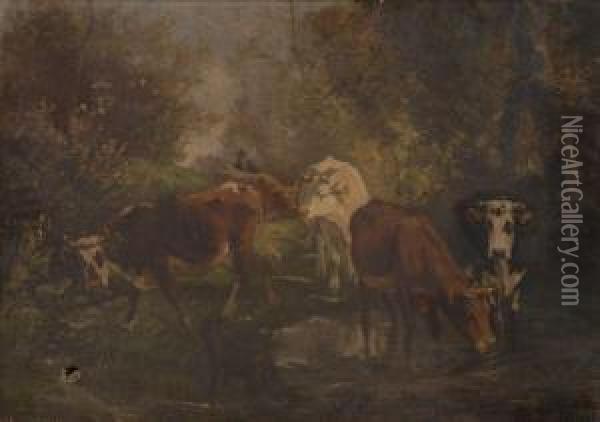 Cattle, Shepherd And Dog Oil Painting - Aymar Pezant