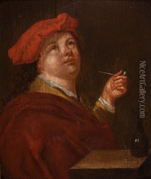 Pfeifenrauchender Junger Herr Mit Roter Baskenmutze Oil Painting - Jacob Van Toorenvliet