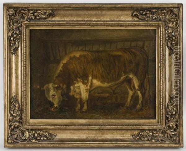Depicting A Steer At The Feeding Trough Oil Painting - Rosa Bonheur