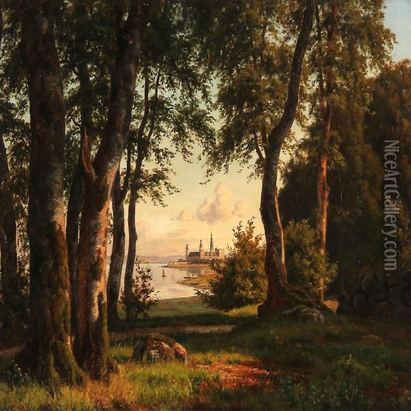 Forest Glade With A View To Kronborg Castle Oil Painting - Carsten Henrichsen