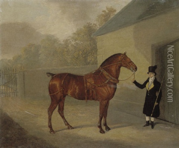 A Carriage Horse Held By A Groom In A Stable Yard Oil Painting - David (of York) Dalby