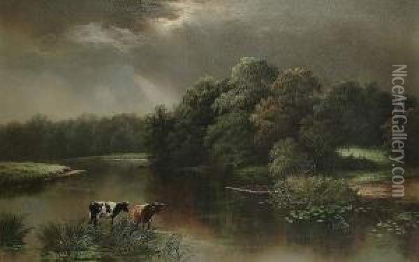 Cattle Watering In An Extensive River Landscape Oil Painting - Edgar Longstaffe