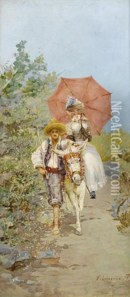 Gentildonna Siciliana Con L'ombrello A Passeggio Su Di Un Asino Oil Painting - Francesco Lojacono