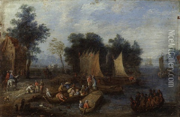 A Wooded River Landscape With Villagers Unloading Ferries By A Quay Oil Painting - Peter Gysels