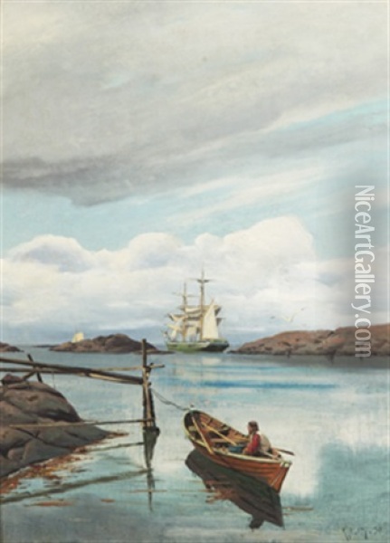 Kustlandskap Med Fiskare Och Segelfartyg Oil Painting - Haakon Jensen Kaulum