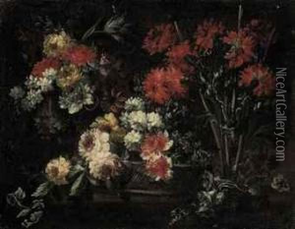 Roses, Chrysanthemums And Other 
Flowers In A Wicker Basket,carnations, Roses, Narcissi And Other Flowers
 On A Stoneledge Oil Painting - Margherita Caffi