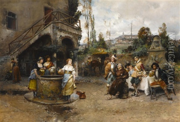 A Conversation At The Well Oil Painting - Cesare Auguste Detti