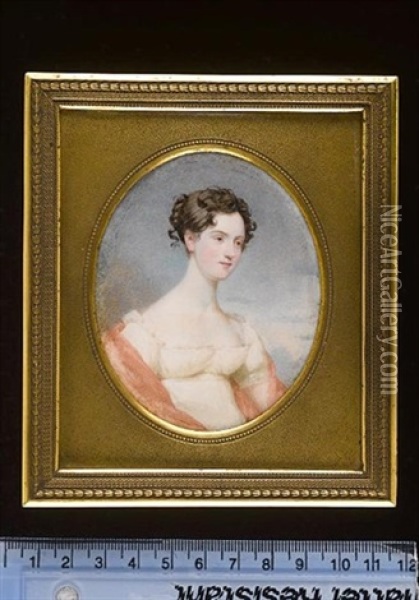 Miss Gordon Of Carroll Wearing Low-cut White Dress Trimmed With Lace And Pink Shawl, Her Dark Hair Upswept And Curled Oil Painting - Andrew Robertson