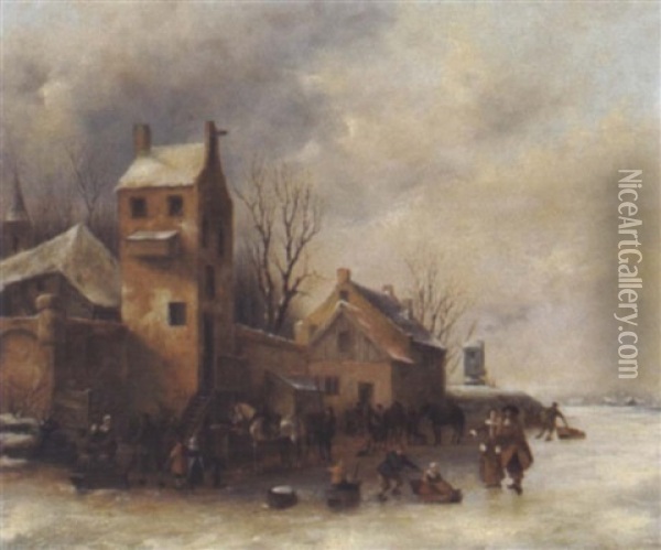 Ein Dorf Im Winter, Eisvergnugen, Mit Vielen Figuren Und Pferden Oil Painting - Thomas Heeremans
