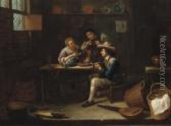Peasants Eating, Drinking And Smoking In An Interior Oil Painting - Gillis van Tilborgh