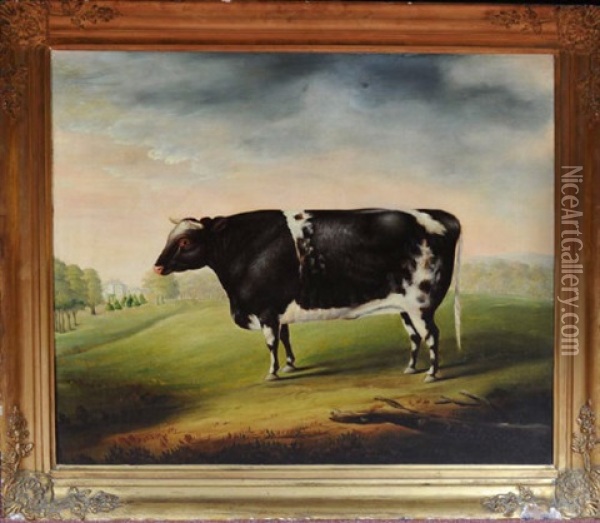 A Portrait Of A Prize Bull In The Grounds Of A Country House Oil Painting - Alexandre Dalziel
