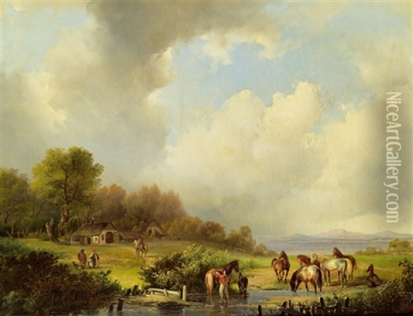 Pferde An Einem Flus Oil Painting - Johann Gualbert Raffalt