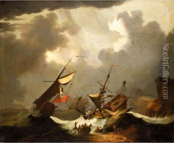 English Ships In Distress Off A Rocky Coast Oil Painting - Willem van de, the Elder Velde