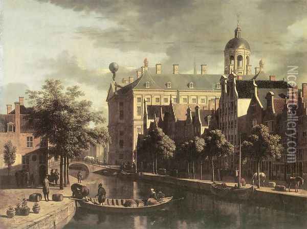 Amsterdam, the Nieuwezijds near the Bloemmarkt 1670-75 Oil Painting - Gerrit Adriaensz Berckheyde