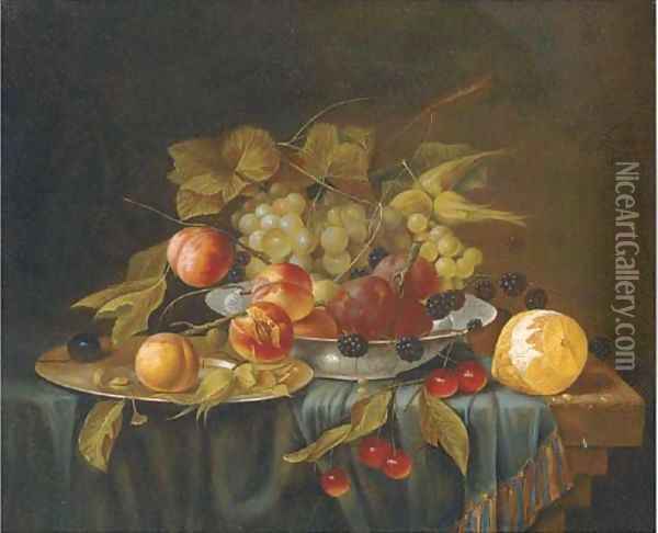 A bowl and a salver of grapes, plums and blackberries by cherries and a lemon on a draped table. Oil Painting - George Forster