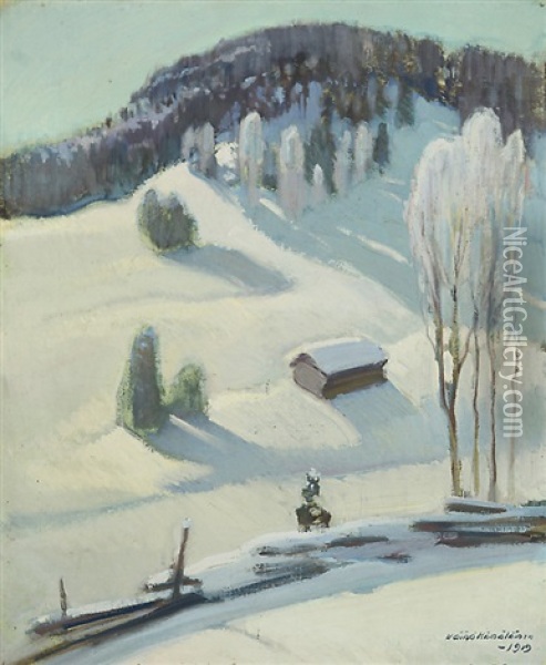 Winter In Karelia, Myllykyla Village Oil Painting - Vaeinoe Haemaelaeinen