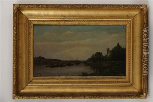 Bateaux Et Paysanne Au Bord De La Riviere Oil Painting - Hippolyte Camille Delpy
