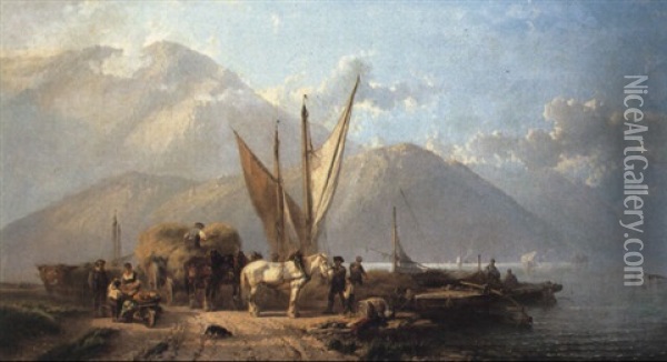 A Mountain Lake Scene With Figures, Horses And Barges In Foreground Oil Painting - Alfred Eduard Agenor de Bylandt