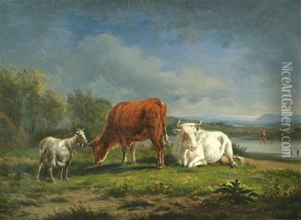 Goat And Cows In A Landscape Oil Painting - Victor-Emile Cartier
