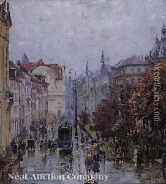 Rainy Day, Citystreets Oil Painting - Charles Guy Vetter