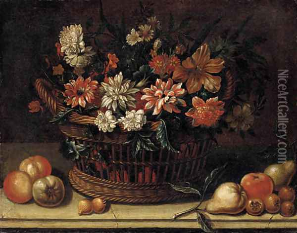 Flowers in a wicker basket with pears, onions and apples on a stone ledge Oil Painting - Michele Pace Del (Michelangelo di) Campidoglio