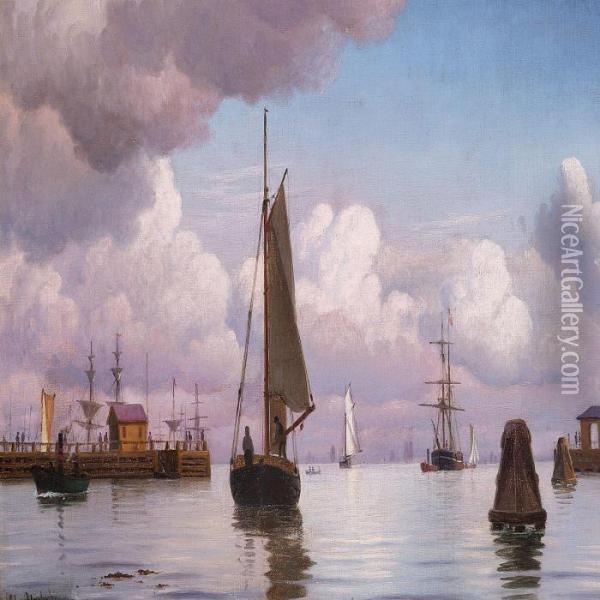 Harbour Scene With Pier Oil Painting - Christian Vigilius Blache