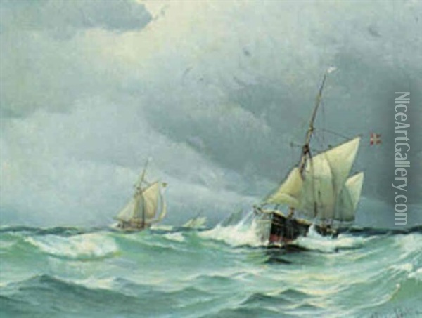 Marine Med Fiskerbade Oil Painting - Vilhelm Victor Bille