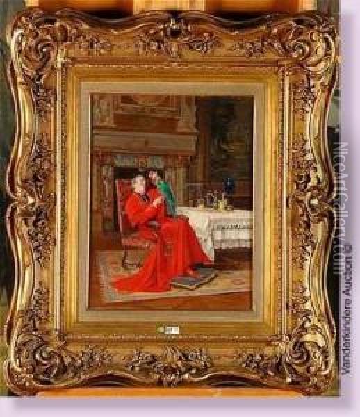 Cardinal Dans Un Interieur Avec Un Perroquet Oil Painting - Victor Marais-Milton