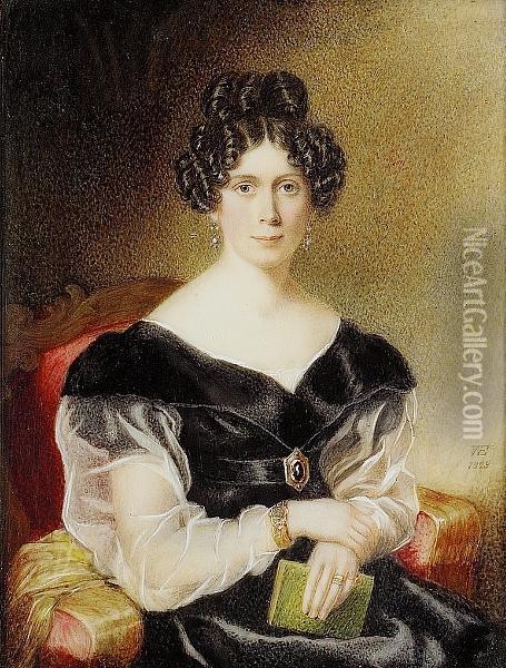 Harriet Thornton (d.1832), Seated In A Red Upholstered Chair, Wearing Black Dress With White Gauze Sleeves And Jewelled Belt Buckle, Bracelet And Drop Earrings Set With Pearls And Turquoise, She Holds A Book, Her Yellow Shawl Over The Arm Of The Chair Oil Painting - William Egley