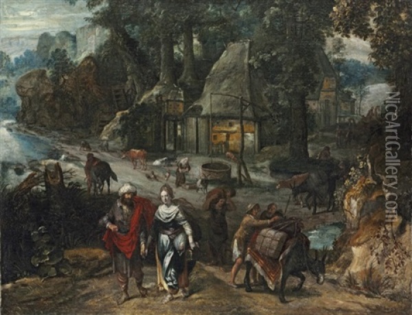A Hamlet In A Wooded Clearing With Jacob And Rachel Oil Painting - Marten van Valkenborch the Elder