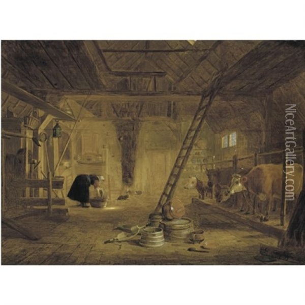 A Barn Interior With Four Cows, A Milk Maid Cleaning A Pot, And Earthenware Pots In The Foreground Oil Painting - Govert Dircksz Camphuysen