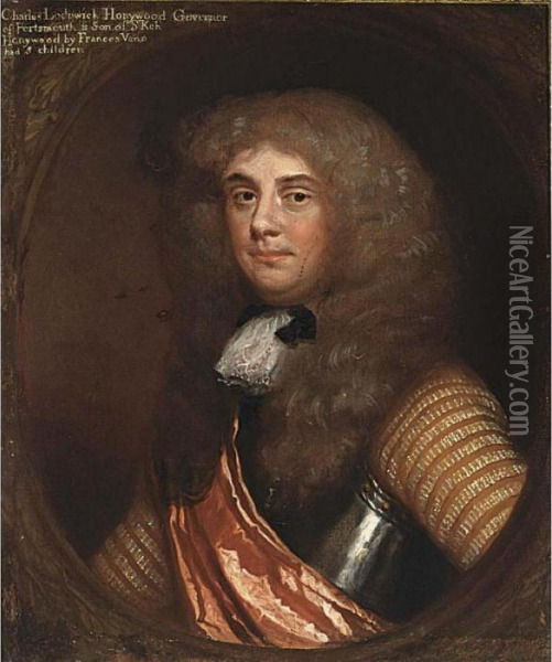 A Portrait Of A Gentleman, Said 
To Be Charles Lodowick Honeywood, Governor Of Portsmouth, Half Length, 
Wearing Armour With A Red Sash And A Wig, In A Painted Oval Oil Painting - Daniel Mytens