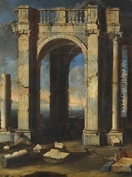A Capriccio View With Ruins, Figures In The Foreground And The Sea Beyond Oil Painting - Leonardo Coccorante
